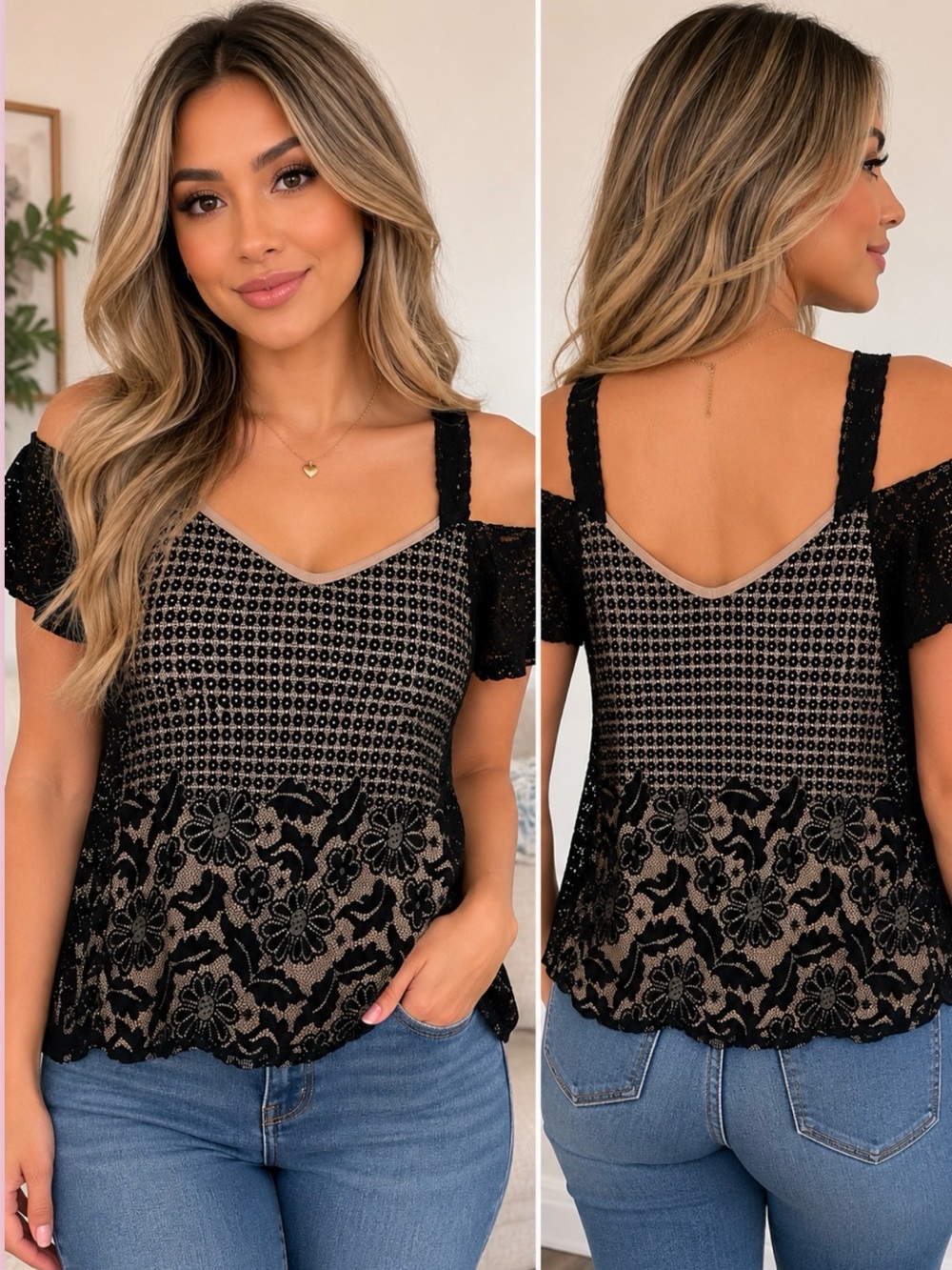 PerSeption Concept Black Lace Overlay Top Size Small